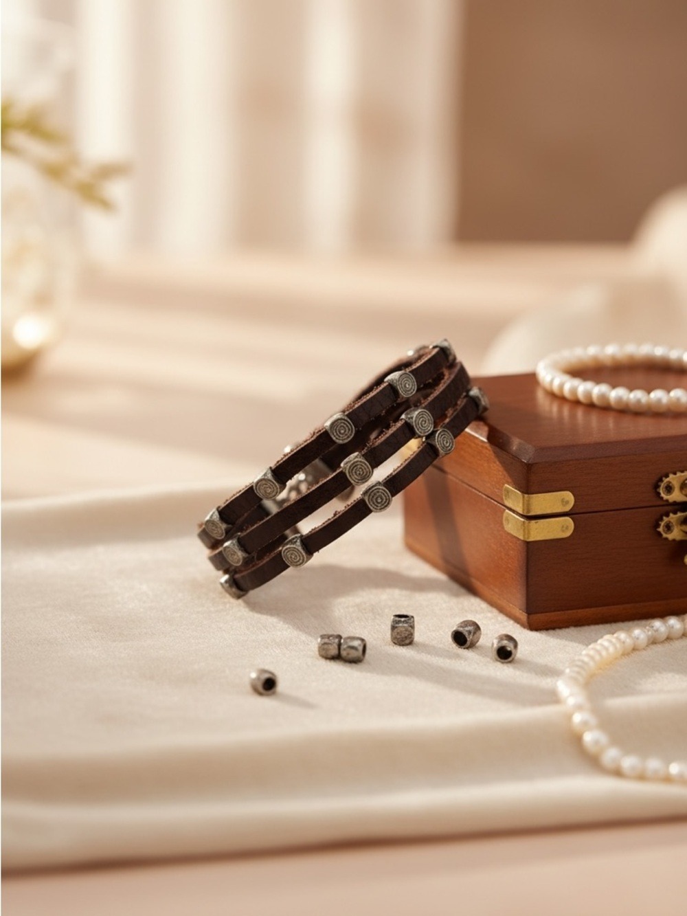 Bohemian Style Brown Leather Bracelet with Silver Accents